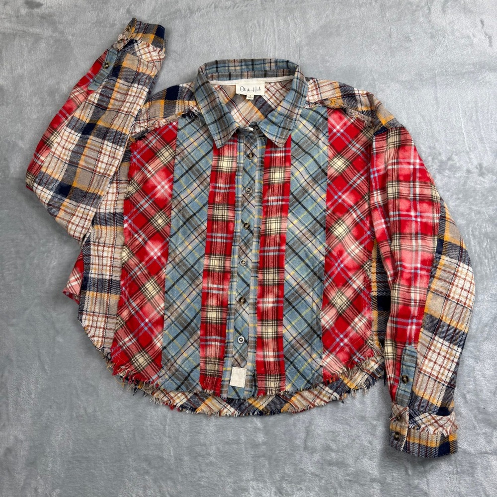 Patchwork Bleached Flannel Plaid Cotton Shirt Frayed Hem S Boho Western Cowgirl‎